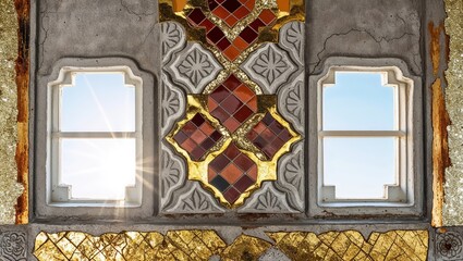 Ornate window with intricate tilework and sunlight streaming through.