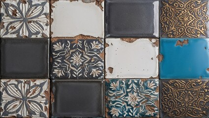 Poster - Distressed vintage ceramic tiles with intricate floral patterns in blue, gold, and grey.