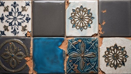 Canvas Print - Vintage ceramic tiles with intricate floral patterns in blue, white, and gold.