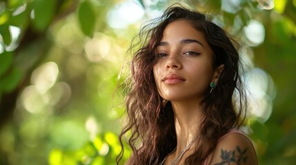 Woman with Curly Hair in a Green Forest