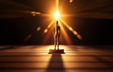 A wooden figure stands on a platform bathed in warm light radiating from above.