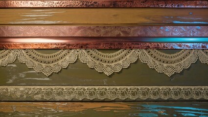 Canvas Print - Rustic wooden background with delicate lace and copper trim for vintage or romantic design.