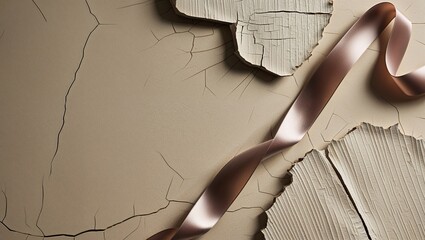 Poster - A close-up of a beige ribbon on a textured background with cracks and a decorative element.