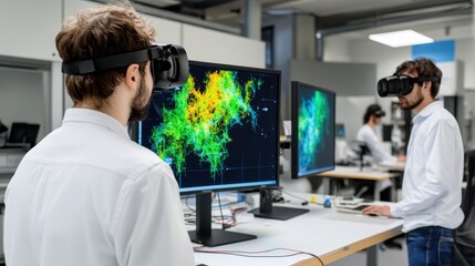 Two individuals using virtual reality headsets in a modern lab, interacting with colorful visual data displayed on large screens.