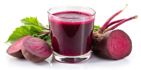 fresh beetroot juice in a glass isolated on white background at a tilted angle