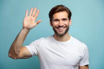 Wall Mural - A man in a white t-shirt is smiling and waving his hands.