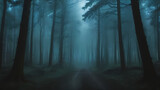 Misty Blue Forest Path: Scenic, Mysterious and Tranquil Woods Landscape