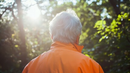 elderly person in orange jacket walking in nature