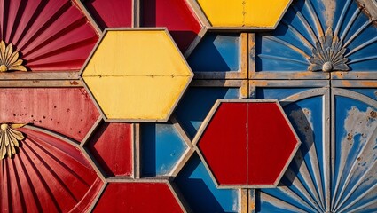 Wall Mural - Abstract geometric pattern of red, yellow, blue, and white hexagons.