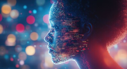 Futuristic digital human face with glowing particles