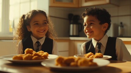 Children joyfully enjoy a meal of chicken nuggets in a sunlit kitchen while dressed in smart attire