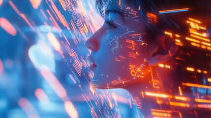 Futuristic digital portrait with abstract neon lights