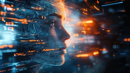 Futuristic digital face with glowing data streams