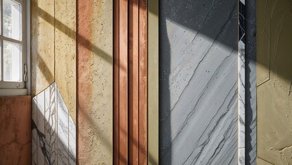 Poster - Modern wall texture with gray stone, concrete, and wood paneling with a light beam.