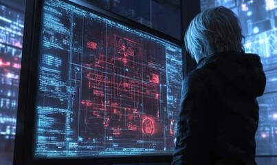 hacker analyzing complex digital blueprint on futuristic display