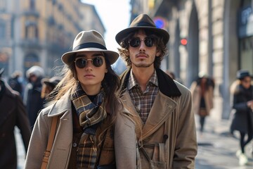 A fashionable couple strolls through a bustling city street, both wearing stylish outfits complemented by hats and sunglasses. The urban environment is filled with people and sunlight