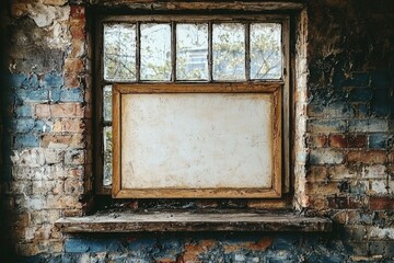 A weathered window with a blank canvas in a dilapidated brick wall