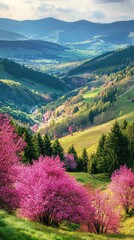 Vibrant spring landscape featuring blooming cherry trees, lush green hills, and distant mountains under a clear blue sky.