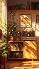 Warm and inviting indoor scene featuring a record player, plants, and soft sunlight casting shadow patterns.