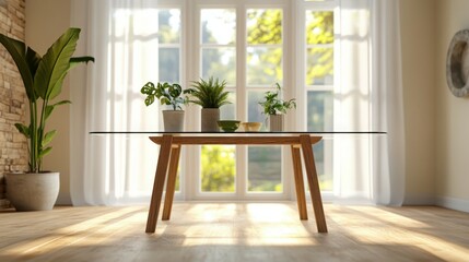 modern minimalist home interior with glass table and potted plants