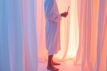 person in white robe holding red pen in colorful room