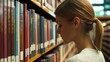 © Copi - A young woman looks intently at a bookshelf in a library.