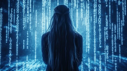 Silhouette of person in front of digital code