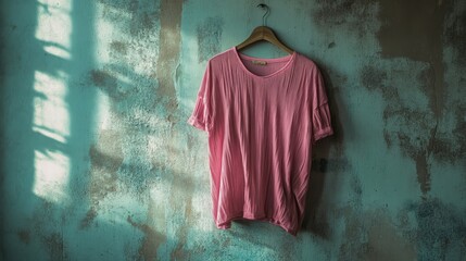 Wall Mural - Vibrant pink pleated shirt hanging on wooden hanger