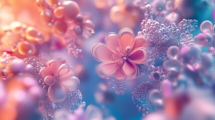 Poster - Delicate pink and purple flowers bloom amidst soft bubbles in a dreamy abstract garden during daylight