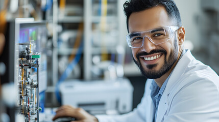 Happy technician working on computer smiling modern lab