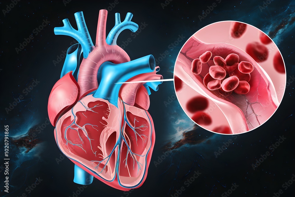Human heart displaying blood vessels with magnified red blood cells ...