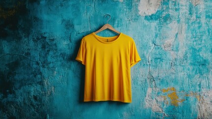 Wall Mural - Vibrant yellow t-shirt hanging on a distressed turquoise wall