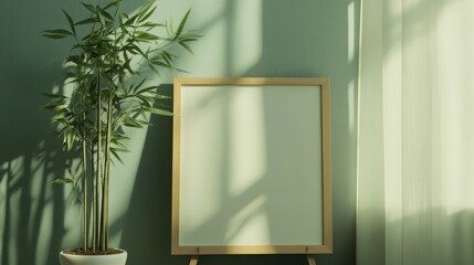 minimalist interior with bamboo plant and empty frame