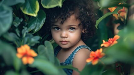 Curious child in lush foliage