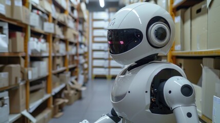 Humanoid robot managing inventory in a warehouse. A humanoid robot efficiently handles a box in a high-tech warehouse, demonstrating the future of robotics and automation in logistics