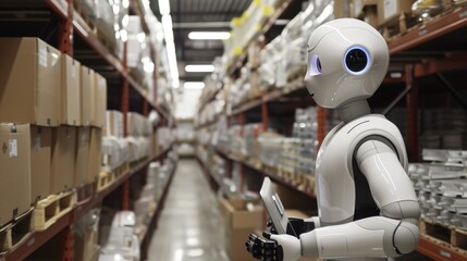 Humanoid robot working in a modern warehouse. A humanoid robot navigates through a warehouse filled with boxes and shelves,  advanced automation and robotics in logistics and inventory management