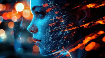futuristic digital face with glowing network connections