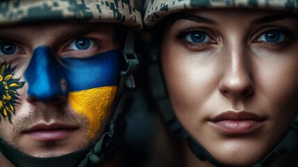 Wall Mural - Close-up of Ukrainian Soldiers with Painted Faces.