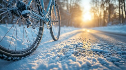 Snowy winter bicycle path at sunset