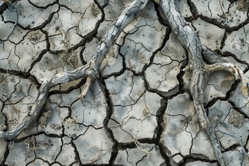 Wall Mural - tree roots emerge from dried, cracked soil, showcasing the devastating effects of drought and the ur