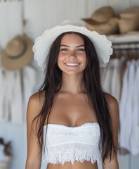 Smiling woman in white summer hat and beachwear