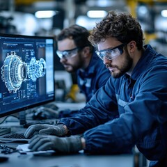 Two engineers analyze turbine design on a computer in a high-tech workshop, emphasizing innovation and teamwork in engineering.