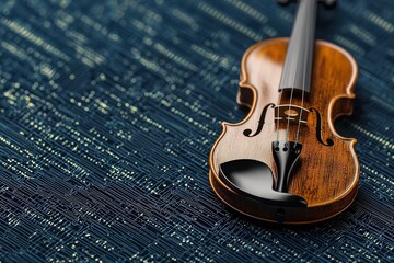 A close-up image of a beautifully crafted wooden violin resting on a textured blue surface, highlighting its intricate design and craftsmanship.