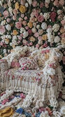 Canvas Print - A couch covered in lots of flowers in front of a wall