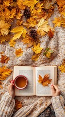 Poster - A person is reading a book and holding a cup of coffee