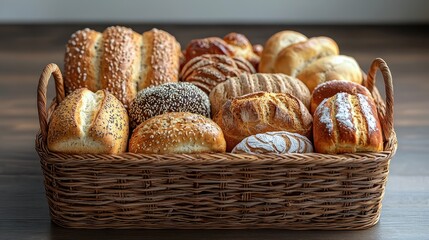 A wicker basket filled with an assortment of freshly baked breads, including sesame rolls and crusty loaves, perfect for food blogs, menus, and culinary promotions, Enhance your bakery visuals,