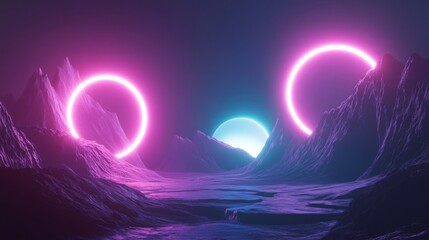 Aufkleber - A vibrant, futuristic landscape featuring glowing rings against dark, rocky mountains and a luminous blue orb in a surreal nightscape.