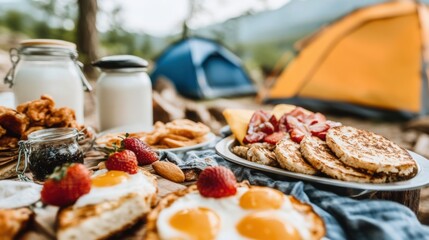 Sticker - A table topped with plates of food next to a tent