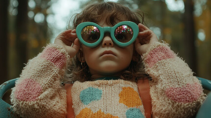 Wall Mural - A little girl wearing sunglasses in the woods