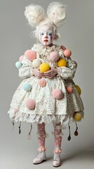 Poster - A woman dressed as a clown holding a bunch of balls